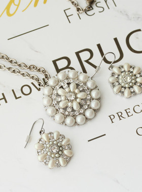 欧美复古白色圆形珍珠耳环项链