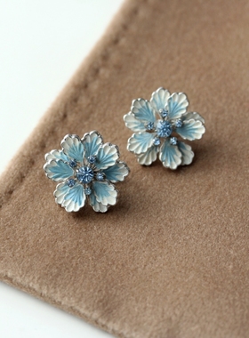 欧美coro复古品牌vintage冰蓝色银镀黄铜镶嵌莱茵石雪花耳夹