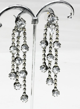 欧美复古礼服晚宴款黑色铜质感捷克水钻流苏长耳环