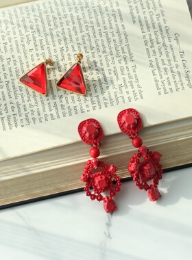 欧美复古巴洛克风格红色夸张装饰吊坠三角个性小众耳夹