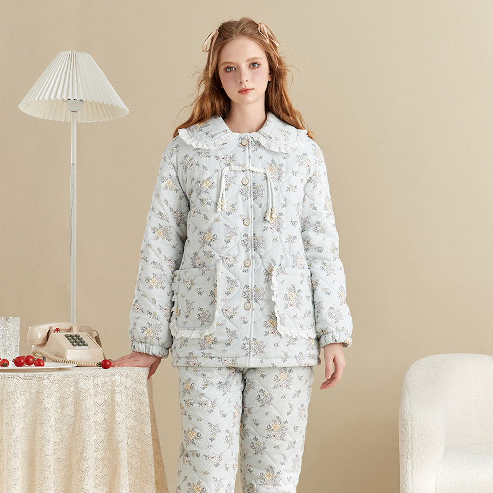 加厚套装女士新款夹棉睡衣女纯棉加绒花边款公主风家居服保暖冬季