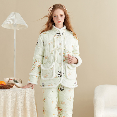 女士国风三层夹棉睡衣冬季新款保暖棉衣可外穿纯棉加厚套装家居服