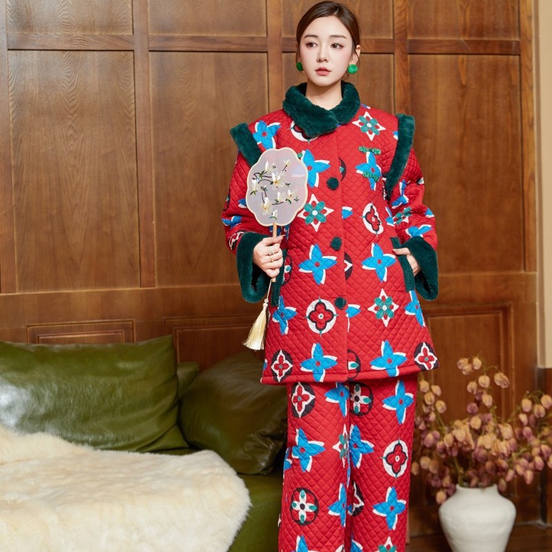 原创秋冬复古印花加绒可外穿夹棉加厚睡衣红色家居服亲肤套装女新