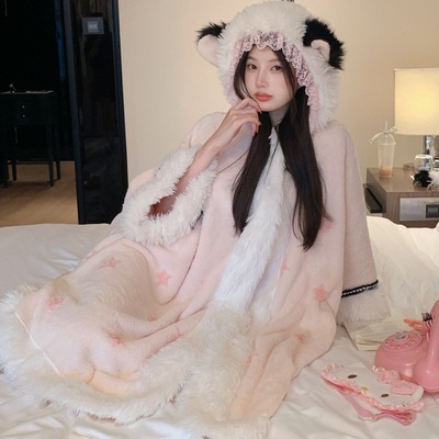 新款秋冬季猫连帽珊瑚绒睡袍女2025加绒加厚法兰绒睡衣外穿家居服