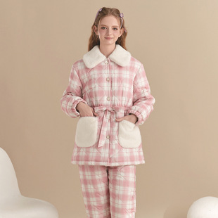 新款冬天棉袄家居服加厚保暖夹棉格子纯棉睡衣加绒可外穿套装女士