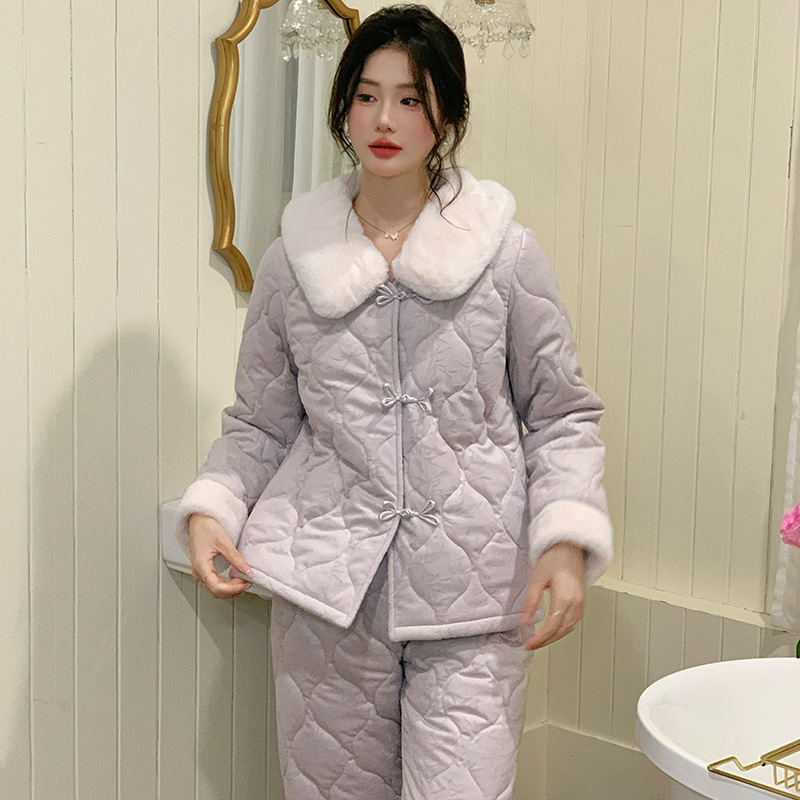 冬季新款睡衣夹棉套装毛绒翻领中式扣居家保暖简约舒适时尚可外穿