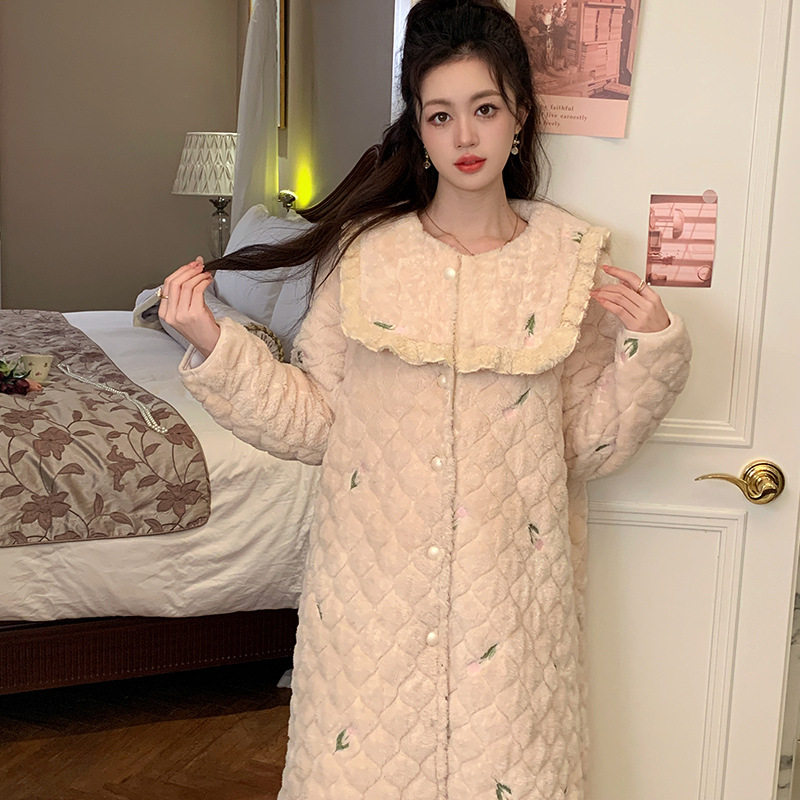 绑带新款睡袍甜美可爱娃娃领蝴蝶结居家夹棉睡袍暖和保暖舒适冬季