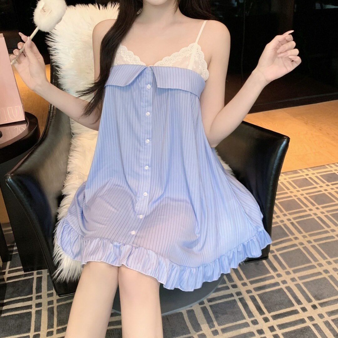 新款春夏可爱简约通勤风格条纹家居服吊带睡裙性感可外穿睡衣女士