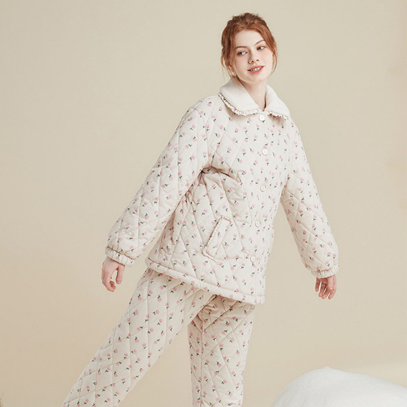 女士冬装家居服棉衣秋冬女睡衣外穿保暖碎花棉服加绒加厚新款套装