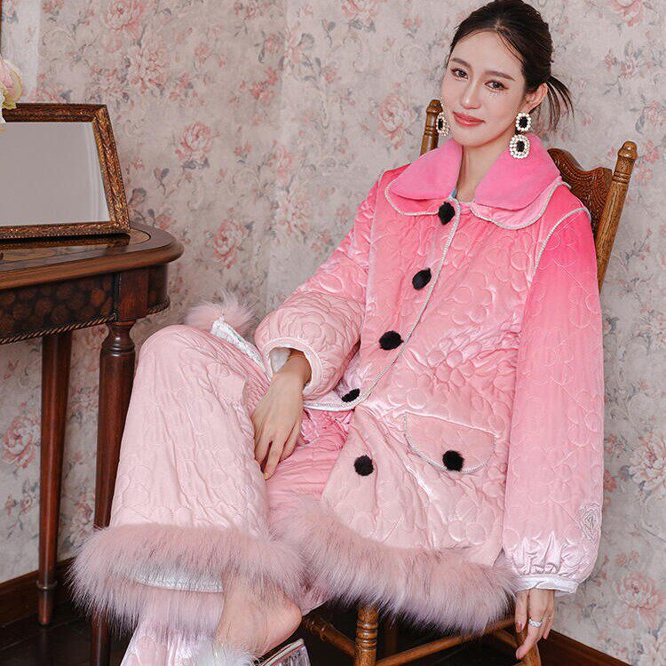 原创仿狐狸毛渐变夹棉家居服水钻装饰三层加厚加棉加绒睡衣灯笼袖