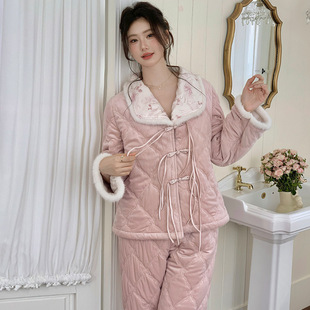 特厚三层夹棉法式新款保暖套装加厚睡衣冬季丽丝绒可外穿家居服女