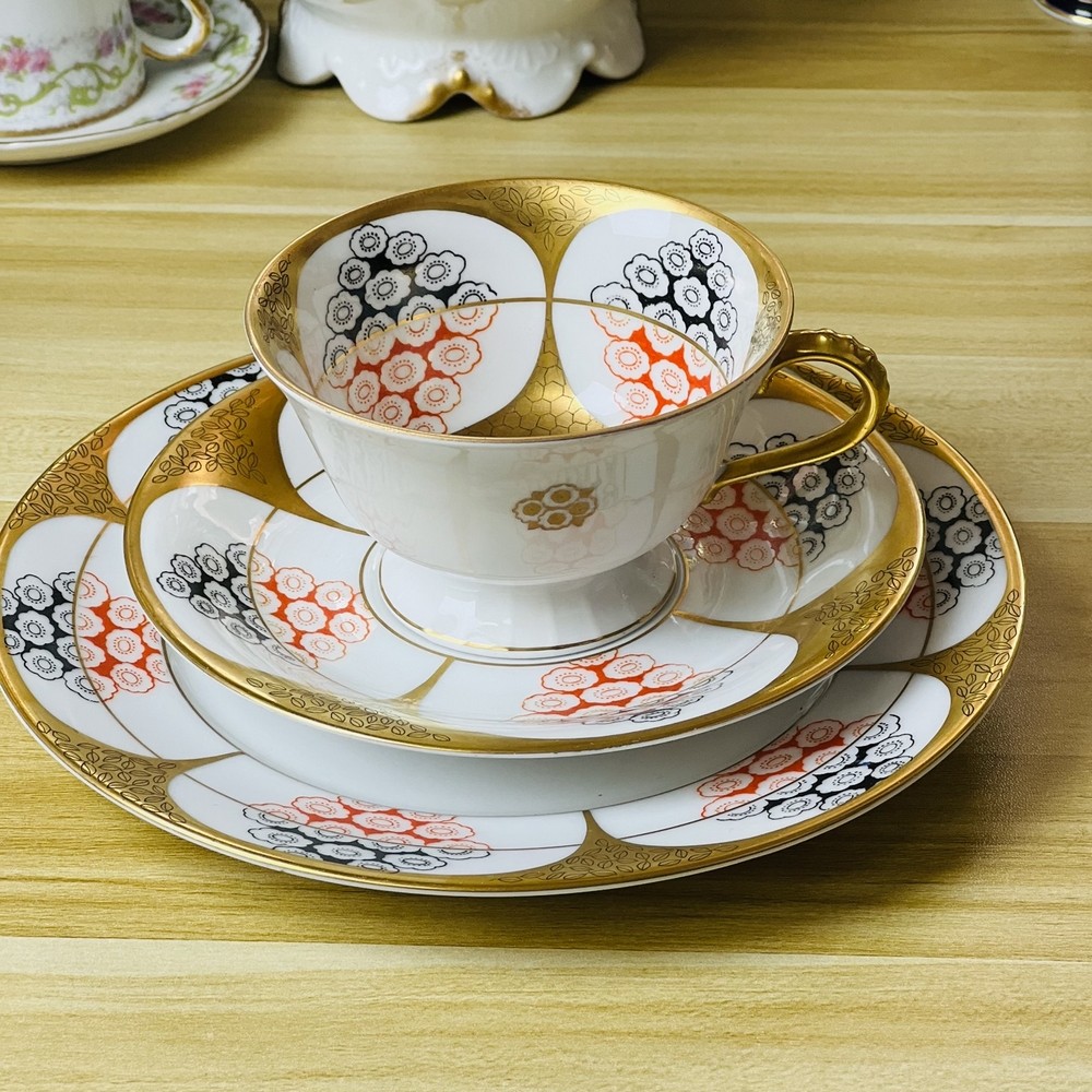 直播拍下8.8折 现货中古瓷器古典橘色拼金花纹红茶杯三件组