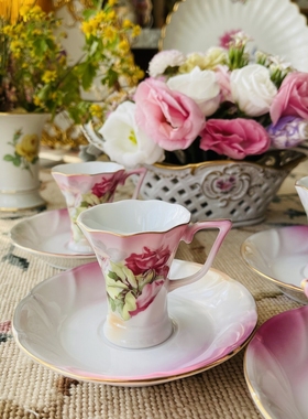 现货日本出口欧洲珠光彩釉面俄罗斯玫瑰纹饰涡纹浅浮雕浓缩咖啡杯