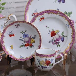 德国现货中古Meissen紫色鱼鳞纹古法水果花簇手绘咖啡杯组1等 特价
