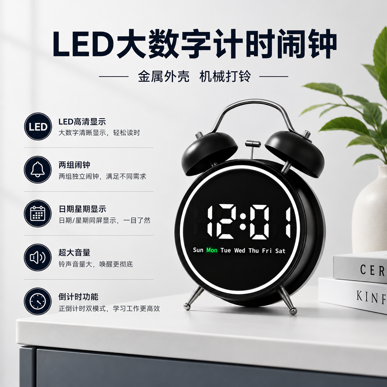 金属LED静音双闹钟倒计时