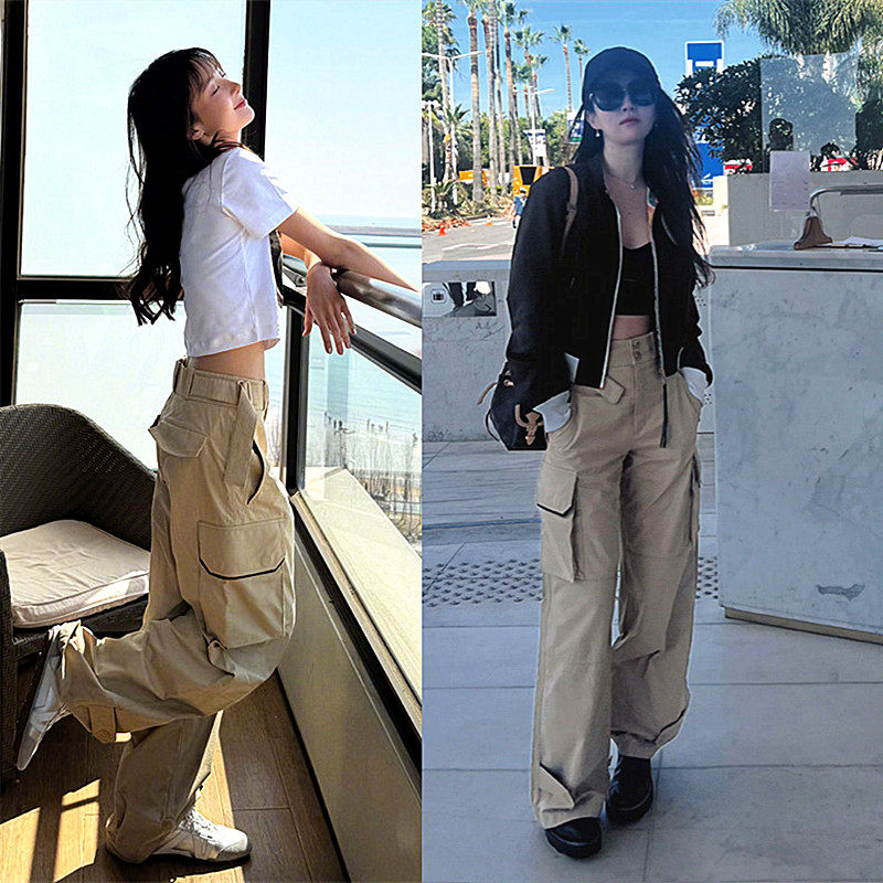 金晨刘亦菲欧阳娜娜同款卡其色工装裤女2025新款宽松直筒裤长裤子