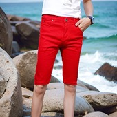 弹力休闲马裤 潮男夏季 白色红色纯棉牛仔短裤 韩版 潮流修身 男五分裤