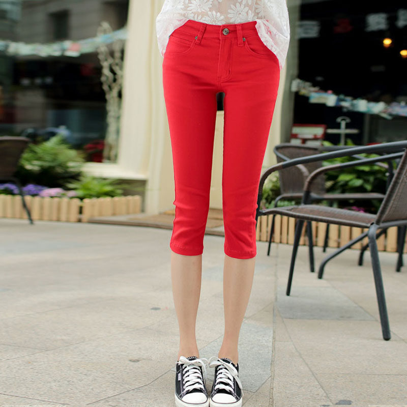 2026夏季打底外穿七分裤女薄款纯棉弹力红白浅色修身小脚牛仔中裤