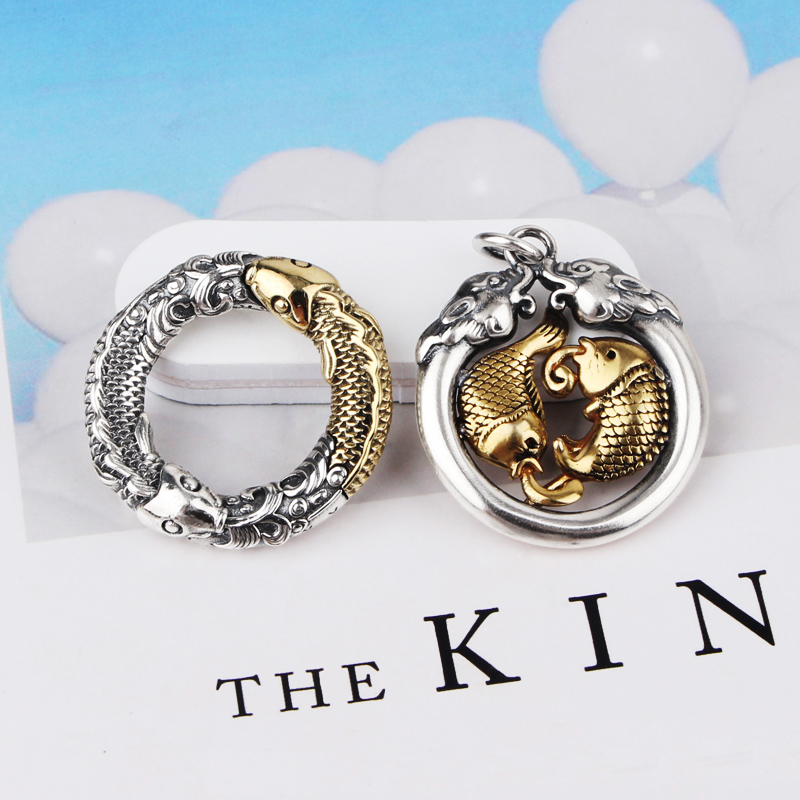 银势S925纯银复古缕空金鱼圆牌吊坠男女时尚霸气情侣项坠饰品礼物