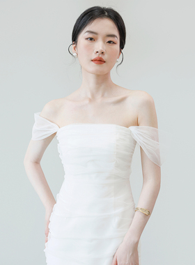 TANSSHOP连衣裙女 褶皱网纱露肩背心裙 白色短裙&中长裙 无胸垫