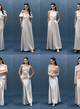 TANSSHOP 多款式日常可穿礼服裙 流光缎面浅香槟粉连衣裙伴娘裙