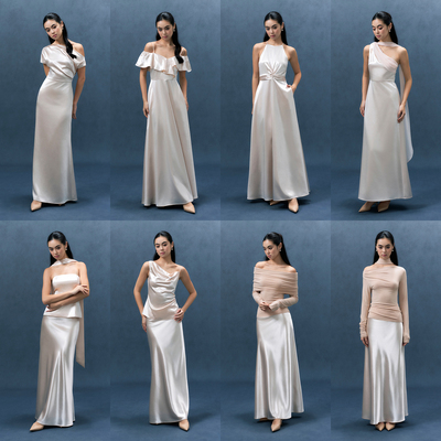 流光缎面浅香槟粉连衣裙伴娘裙