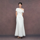 TANSSHOP简约缎面白裙 鱼尾长裙轻礼服裙连衣裙 斜肩收腰捏褶修身