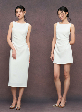 TANSSHOP赫本裙背心连衣裙 通勤船领腰部捏褶收腰直筒中长裙&短裙