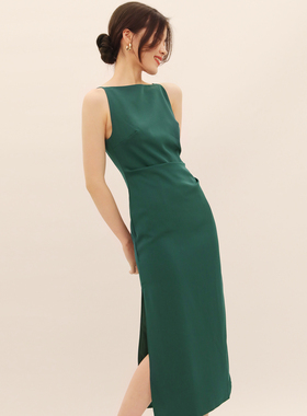 TANSSHOP 优雅赫本风 多色吊带一字领无袖收腰开叉直筒显瘦连衣裙