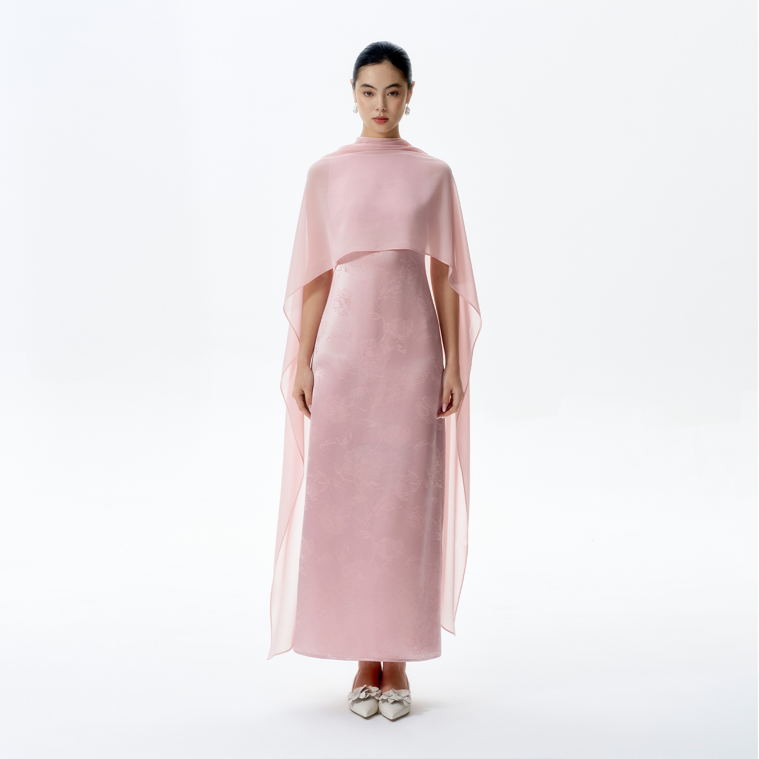 TANSSHOP樱花粉薄纱披肩连衣裙春季温柔风长裙约会订婚礼服可两穿