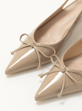 TANSSHOP尖头蝴蝶结裸色皮质细高跟凉鞋 25新款搭配礼服 日常可穿