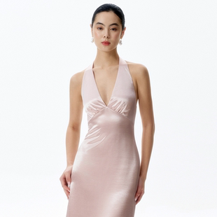 TANSSHOP 礼服裙 粉色挂脖缎面连衣裙深V收腰鱼尾露背蝴蝶结长款