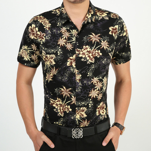 男士短袖衬衫印花 九五狼大码时尚免烫碎花短袖冰丝衬衣爸爸装