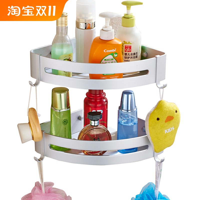 太空铝免打孔浴室置物架金色卫生间墙角转角架壁挂免钉三角篮双层