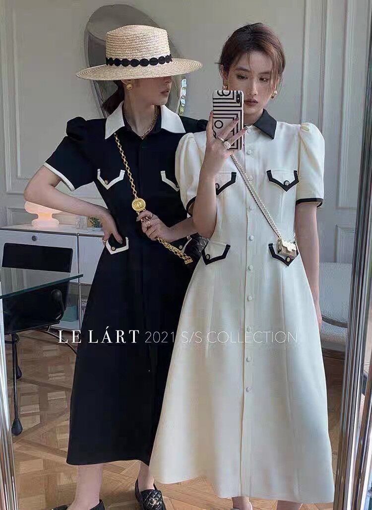 特！不退换！LELART新款气质小香风撞色排扣长款短袖连衣裙女