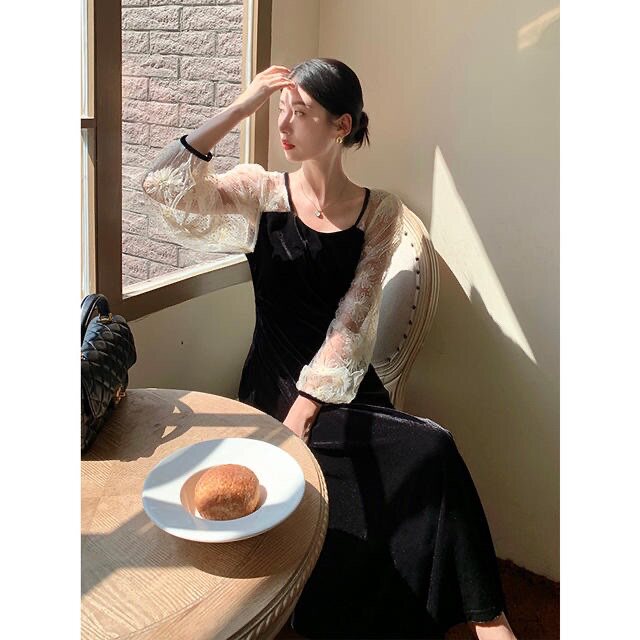 特！不退换！爱西里AIXILI新款 气质拼接蕾丝袖修身丝绒连衣裙女