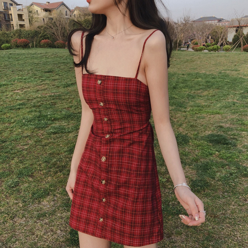 Spring and summer new back lace up high waist slim Plaid girl's Secret backless suspender holiday dress