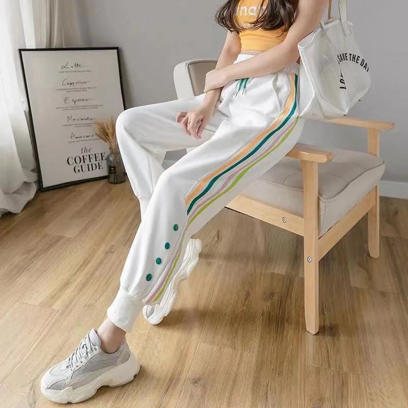 Spring and summer new Korean legged sports pants women's loose casual pants elastic waist tie nine point Harem Pants