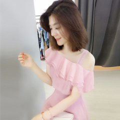 New summer European fashion pink sweet off shoulder suspender dress