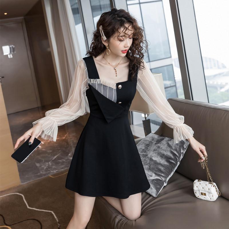 Autumn French retro foreign style A-line skirt with thin waist and mesh stitching dress Hepburn small black dress