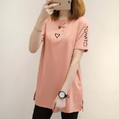 Summer women's top Korean loose size medium length T-shirt white short sleeve women's casual T-shirt love peach