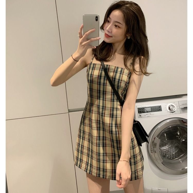 New style lattice sling gentle wind sweet salt French minority show thin sweet first love Platycodon Korean skirt