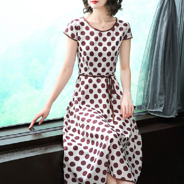 Summer dress women's new style Korean fashion dot slim fit short sleeve medium length A-line skirt print skirt