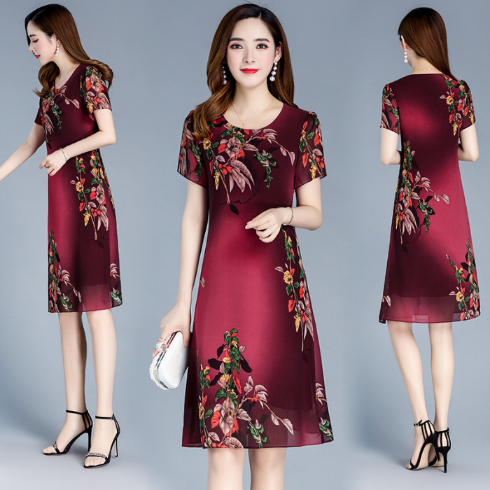 Cool ice silk dress mother's dress spring and summer round neck printing fashion versatile short sleeve medium length dress women's fashion