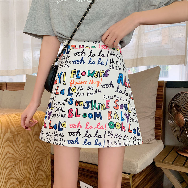 High waist skirt student skirt sweet cute cartoon letter graffiti female Korean Japanese wear small short