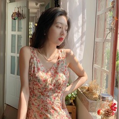 Suspender dress women's summer new Korean style temperament collar long over knee sexy floral skirt