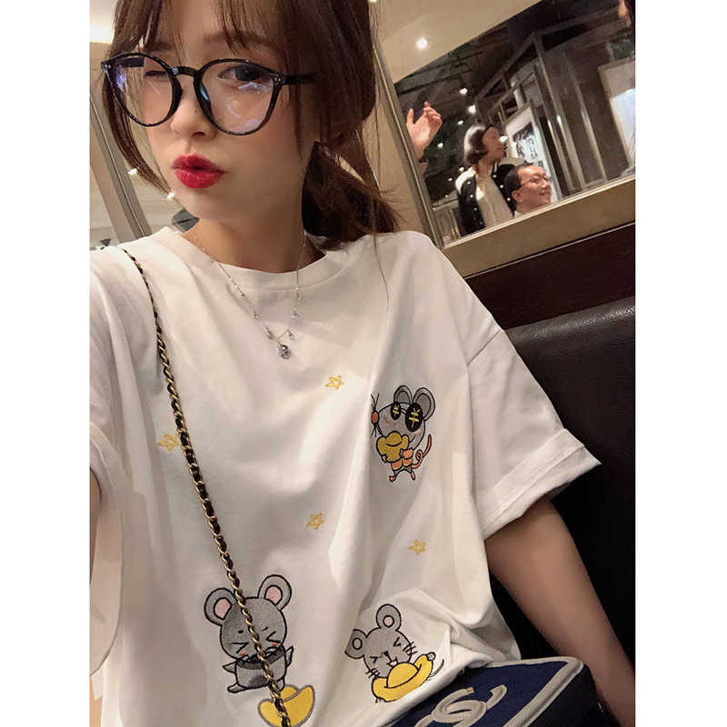 Summer large women's Embroidery Sequin net red student loose short sleeve T-shirt women's cotton