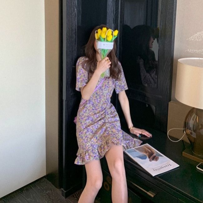 Purple Floral dress women's summer new collar cover belly show thin chiffon skirt net red small skirt