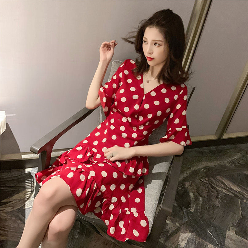 Summer new Korean mid long collar wave point Ruffle waist dress women's Retro slim skirt