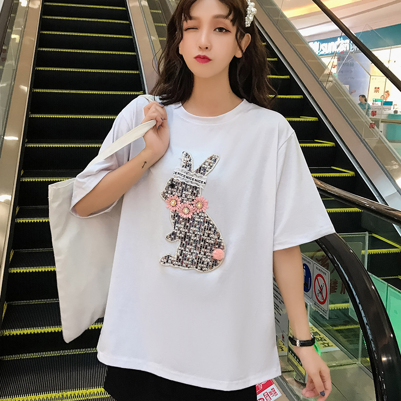 Real shot summer net red cute rabbit patch embroidery loose short sleeve T-shirt women's cotton